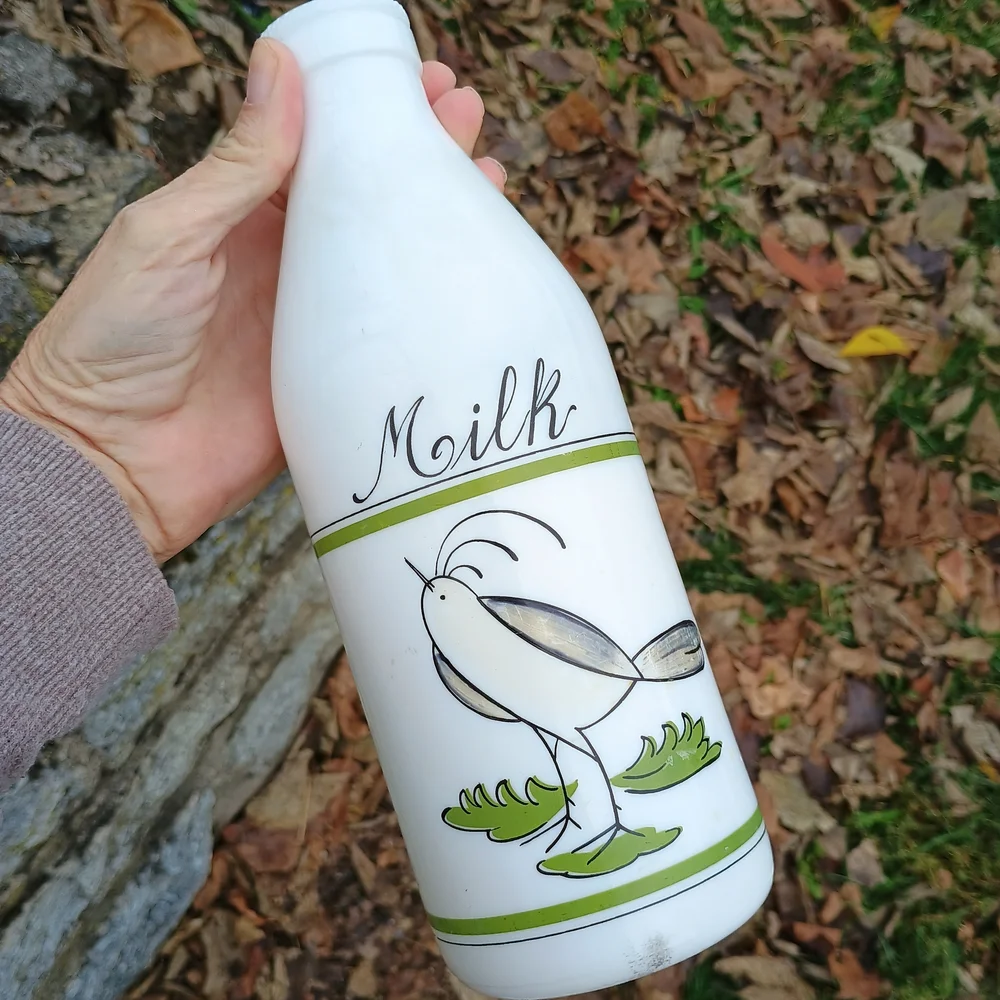 VTG Eqizia white glass quart size milk bottle, bird decor, whimsical decor